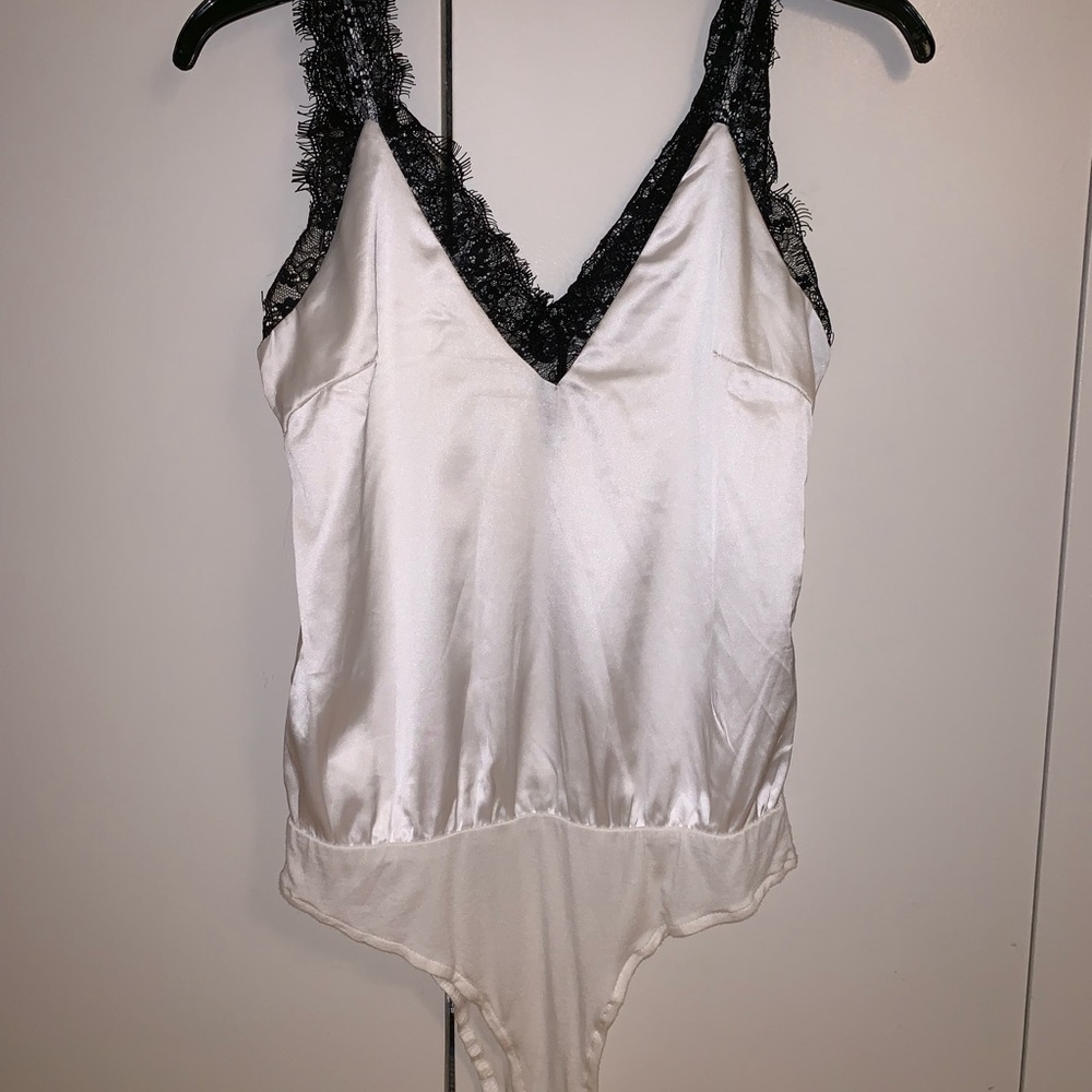 Alpha and omega satin and lace body suit